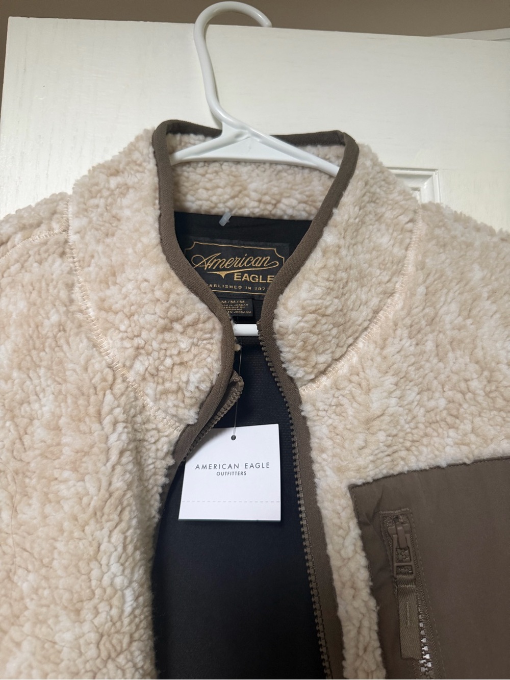 American Eagle Outfitters Cream Sherpa Jacket with Brown Trim Accents